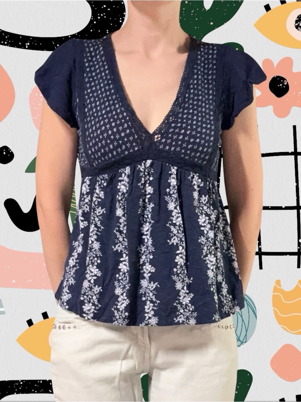 So | Blue Mixed Floral Print Short Sleeve Babydoll Top